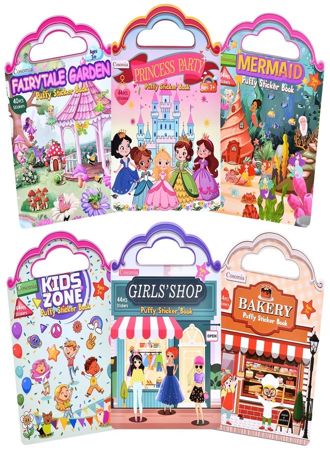 Cosomia 6 Set (260pcs) Puffy Sticker Books Activity for Girls, Reusable Stickers Book, Fairytale+Garden+Princess Party+Mermaid+Kids Zone+Girls' Shop, Travel Book for Kids Ages 3+ - Image 1
